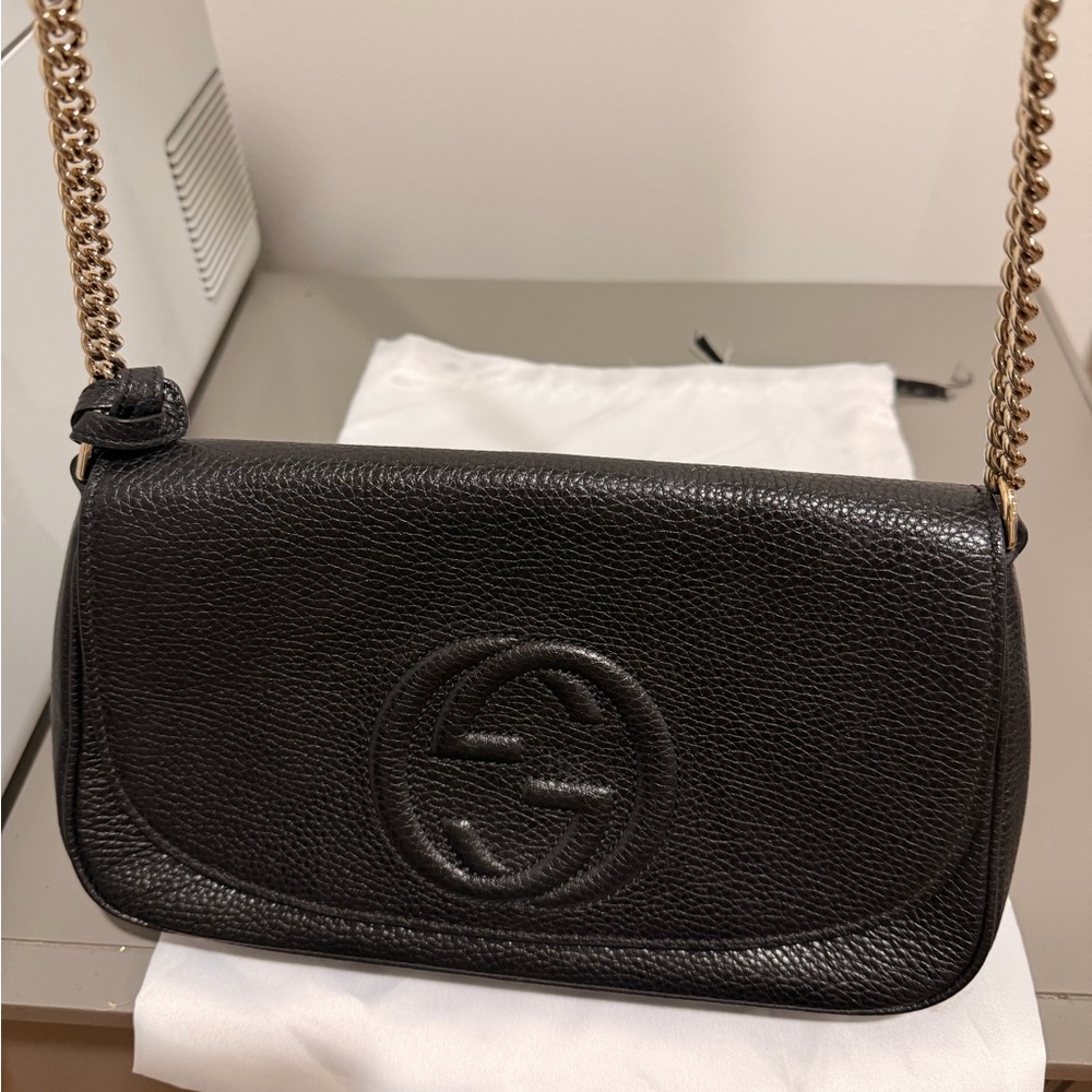 Authentic Gucci Black Crossbody Bag with Gold Chain